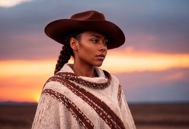 Gratis foto portret van een fotorealistische vrouwelijke cowboy bij zonsondergang