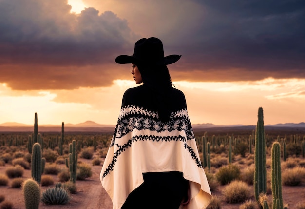 Portret van een fotorealistische vrouwelijke cowboy bij zonsondergang