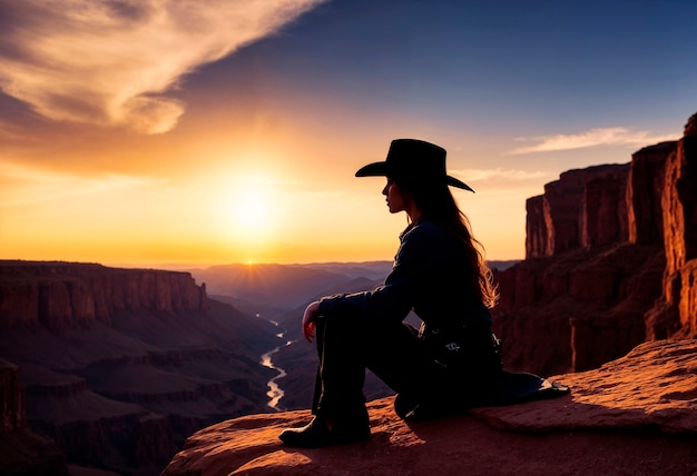 Portret van een fotorealistische vrouwelijke cowboy bij zonsondergang