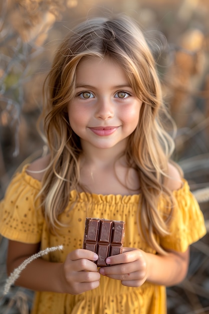 Gratis foto portret van een gelukkig kind dat heerlijke chocolade eet