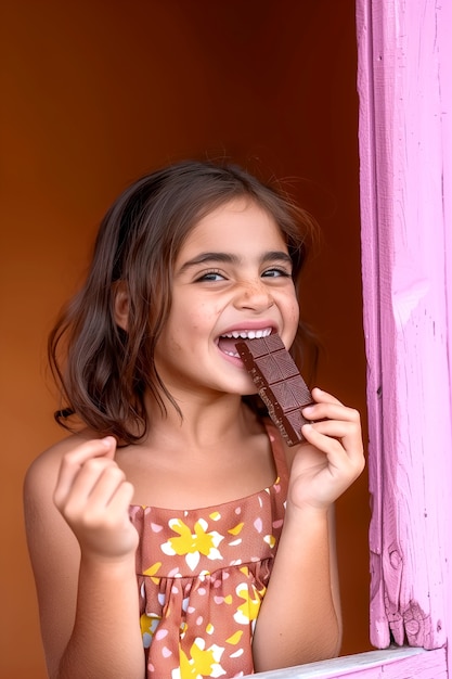 Gratis foto portret van een gelukkig kind dat heerlijke chocolade eet