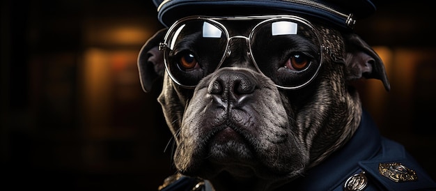 Gratis foto portret van een hond in een politie-uniform en bril op een zwarte achtergrond