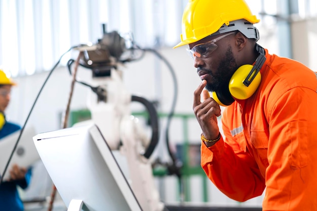 Portret van een indiaanse ingenieur-technicus die een safty-uniform draagt â€â€een hand contril automatisering robotarm lasmachine met laptop industriële 40 fabrieksachtergrond concept