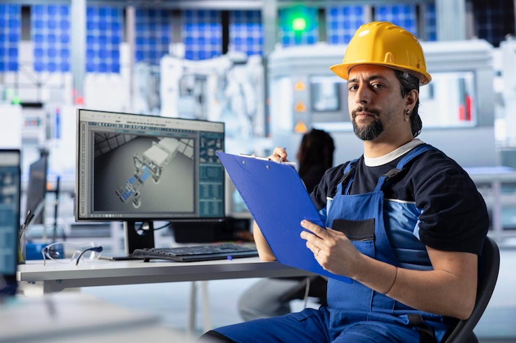 Gratis Foto portret van een ingenieur van een fotovoltaïsche fabriek die over papieren kijkt