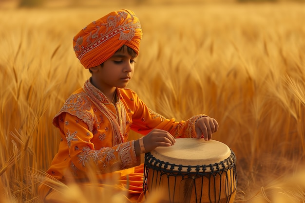 Portret van een jong Indiase kind dat het Baisakhi-festival viert