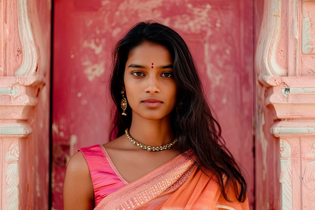 portret van een jonge mooie indiase vrouw met sari