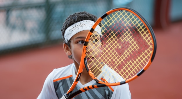 Gratis foto portret van een jonge persoon die professioneel tennis speelt