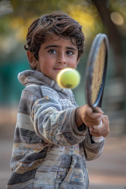 Gratis foto portret van een jonge persoon die professioneel tennis speelt