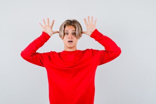 Portret van een jonge tienerjongen met handen in de buurt van hoofd als oren in rode trui en angstig vooraanzicht