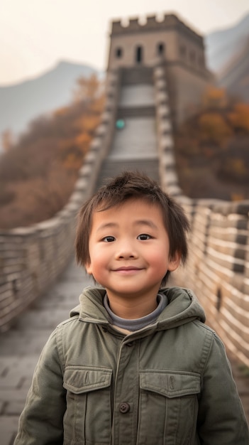 Portret van een jonge toerist die de Grote Muur van China bezoekt