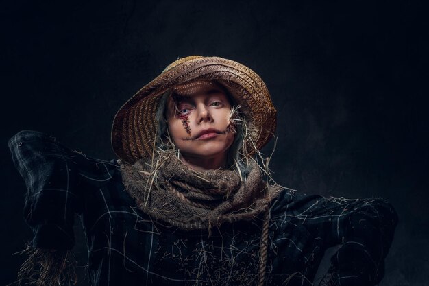 Portret van een jonge vrouw op maskerade in vreselijk vogelverschrikkerkostuum op de donkere achtergrond.