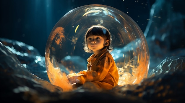 Portret van een kind met een heldere bubbel