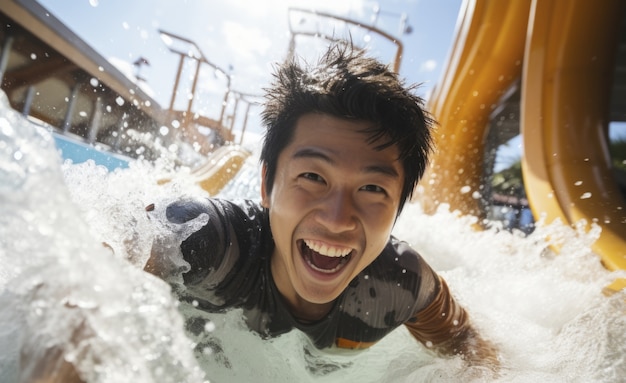 Portret van een lachende man bij de waterglijbaan