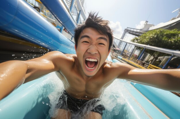 Portret van een lachende man bij de waterglijbaan