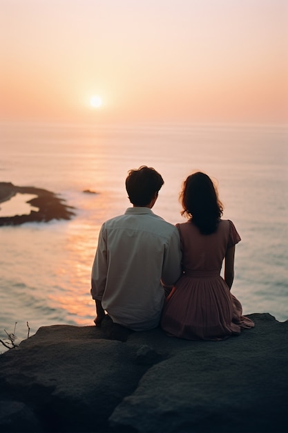 Portret van een liefdevolle echtpaar op het strand bij zonsondergang