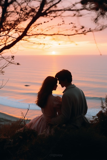 Portret van een liefdevolle echtpaar op het strand bij zonsondergang