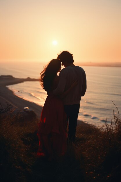 Portret van een liefdevolle echtpaar op het strand bij zonsondergang