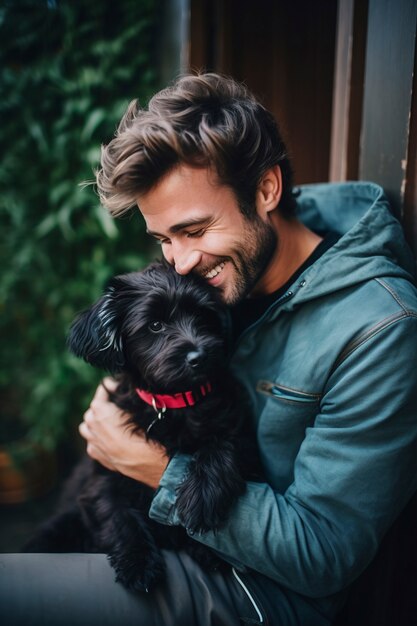 Portret van een man die een hond knuffelt