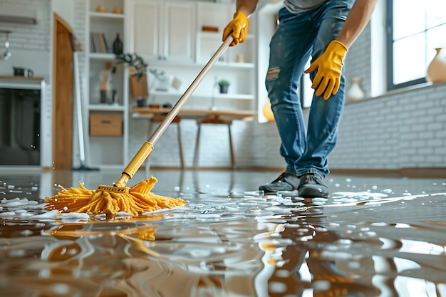 Gratis foto portret van een man die huishoudelijke taken verricht en deelneemt aan de schoonmaak van het huis