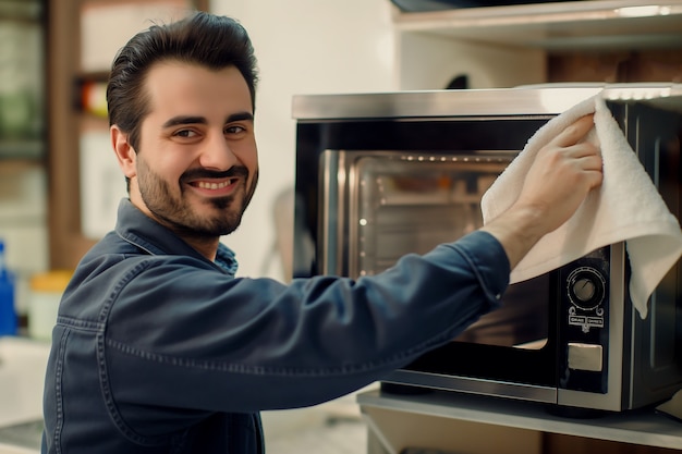 Portret van een man die huishoudelijke taken verricht en deelneemt aan de schoonmaak van het huis