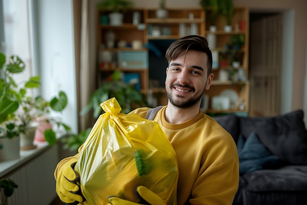 Portret van een man die huishoudelijke taken verricht en deelneemt aan de schoonmaak van het huis