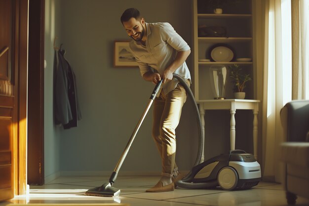 Portret van een man die huishoudelijke taken verricht en deelneemt aan de schoonmaak van het huis