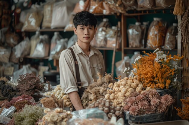 Portret van een man die in een bloemenwinkel werkt