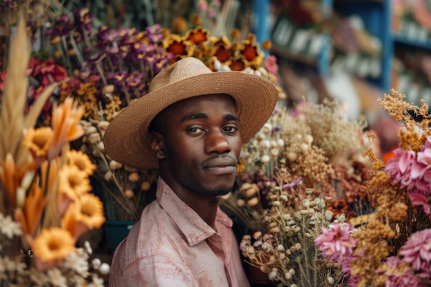 Portret van een man die in een bloemenwinkel werkt