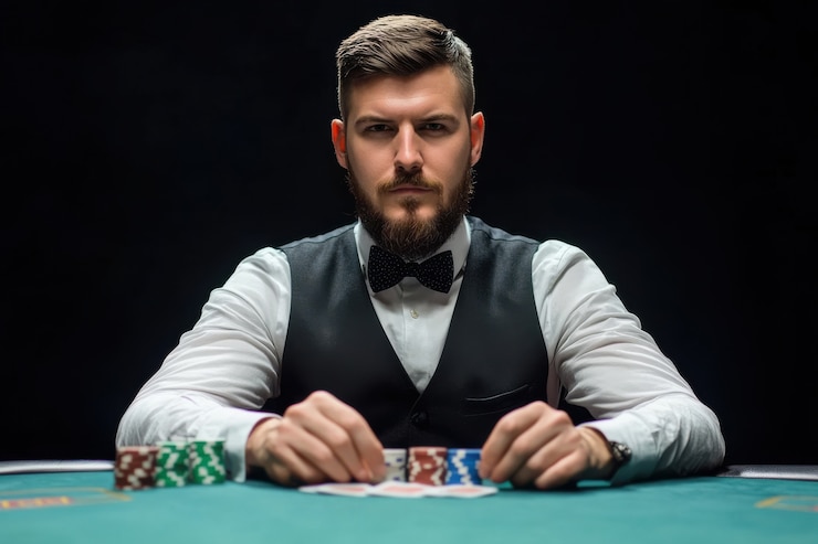 Gratis Foto portret van een man die poker speelt in een casino