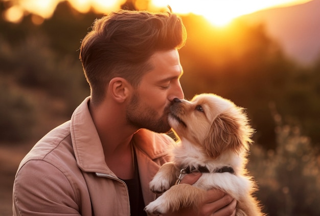 Gratis foto portret van een man die voor zijn hond zorgt