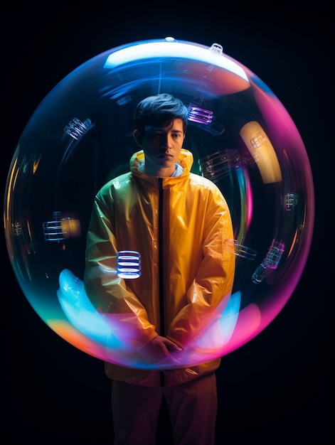 Gratis foto portret van een man met een heldere bubbel