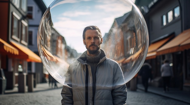 Portret van een man met een heldere bubbel