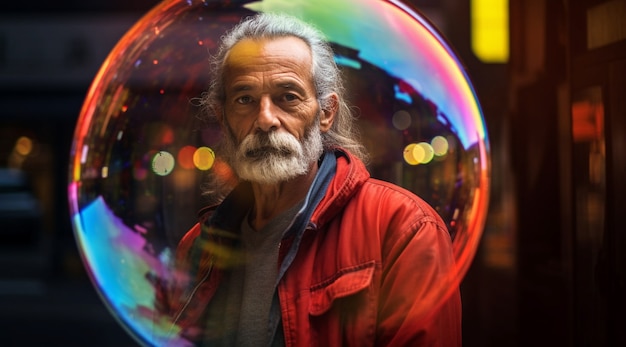 Gratis foto portret van een man met een heldere bubbel