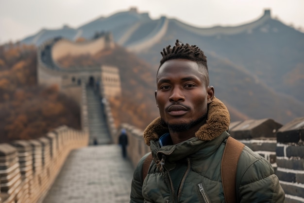 Gratis foto portret van een mannelijke toerist die de grote muur van china bezoekt