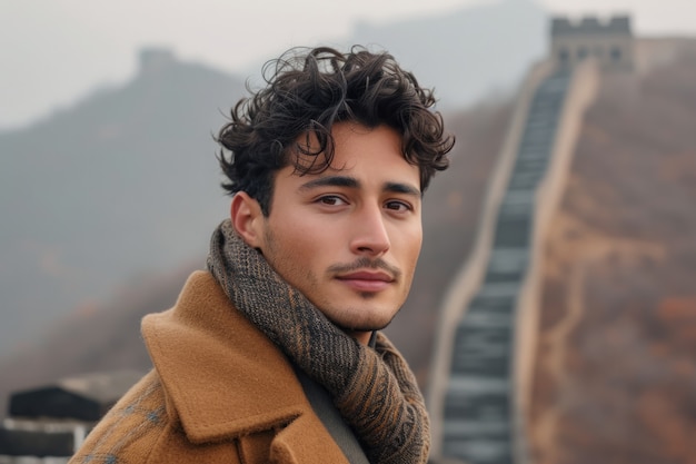 Portret van een mannelijke toerist die de Grote Muur van China bezoekt