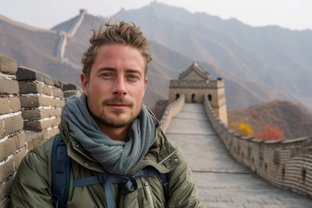 Gratis foto portret van een mannelijke toerist die de grote muur van china bezoekt