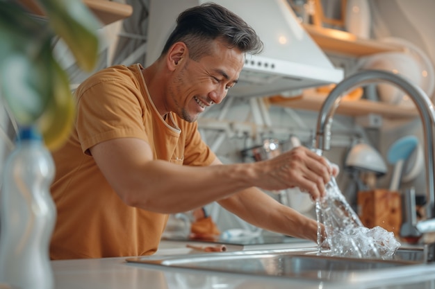 Portret van een moderne man die huishoudelijke taken verricht in een zachte en dromerige sfeer