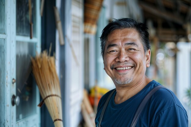 Portret van een moderne man die huishoudelijke taken verricht in een zachte en dromerige sfeer