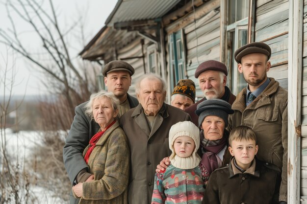 Portret van een multi-generatie gezin dat een huis deelt vanwege de onbetaalbare prijsstijging op de woningmarkt
