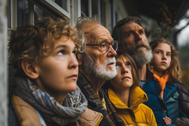 Portret van een multi-generatie gezin dat huishoudelijke ruimte deelt vanwege dure woningprijzen