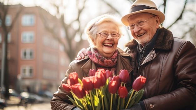 Portret van een ouder echtpaar geeft een tulpenkaart met een foto van een ouder verliefd stel