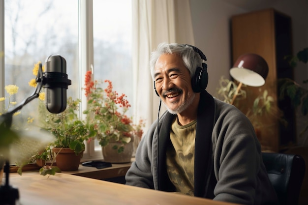 Gratis foto portret van een oudere persoon die naar de radiozending luistert