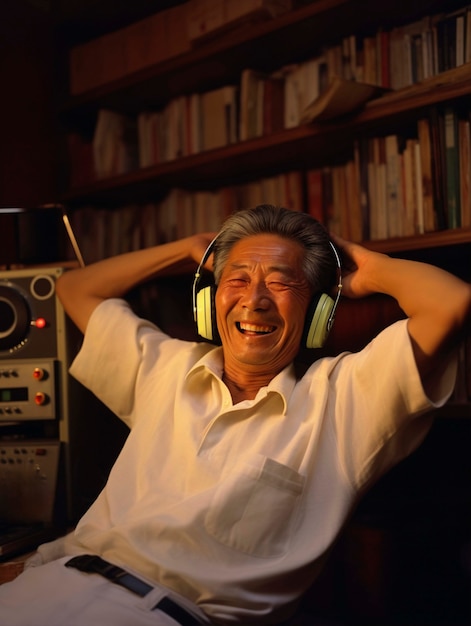 Gratis foto portret van een oudere persoon die naar de radiozending luistert