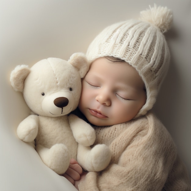 Gratis foto portret van een pasgeboren baby met pluchen speelgoed