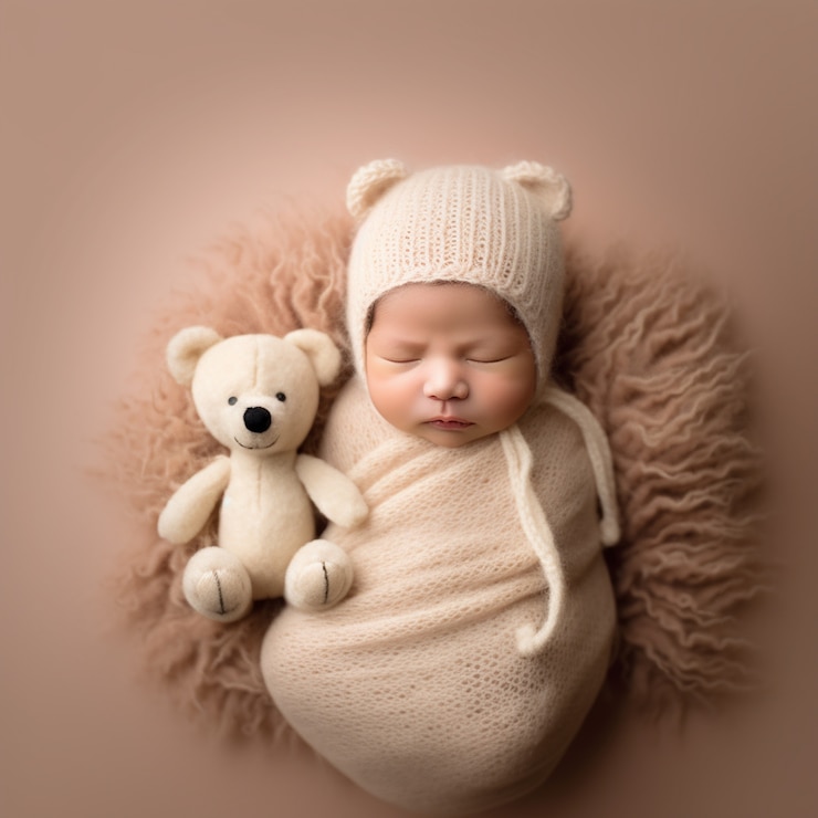 Gratis Foto portret van een pasgeboren baby met pluchen speelgoed