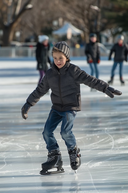 Gratis foto portret van een persoon die in de winter buiten schaatst