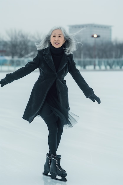 Portret van een persoon die in de winter buiten schaatst