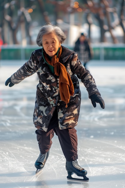 Gratis foto portret van een persoon die in de winter buiten schaatst