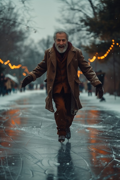 Portret van een persoon die in de winter buiten schaatst