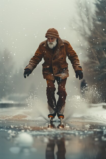 Portret van een persoon die in de winter buiten schaatst